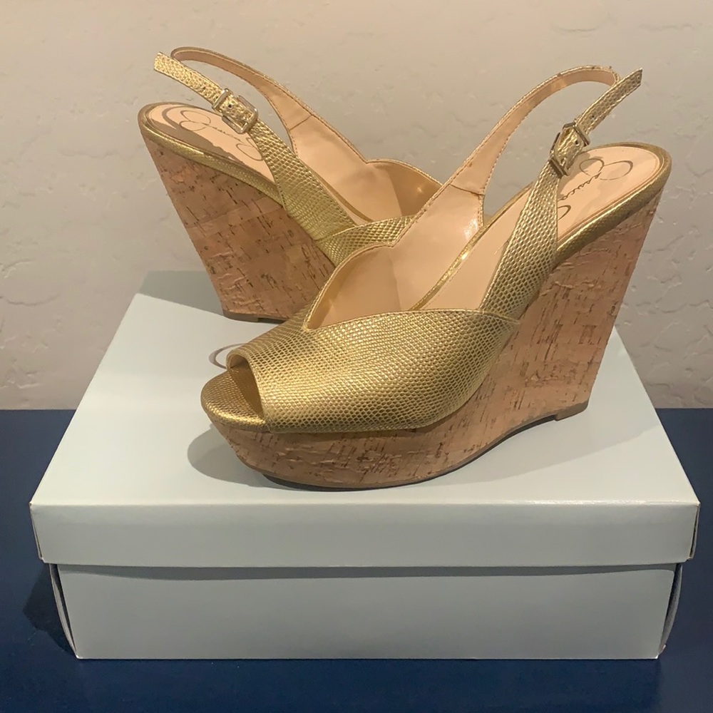 Jessica Simpson gold slingback wedge sandal
